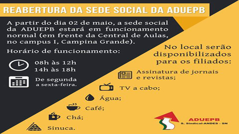 Sede social da ADUEPB será reaberta a partir de 02 de maio