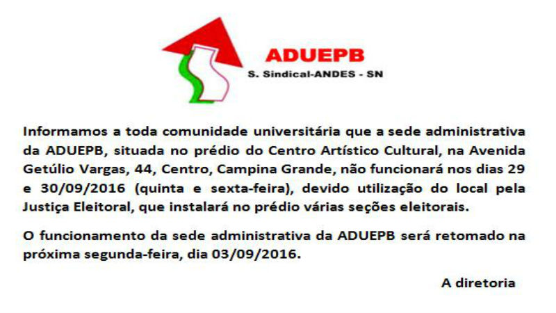 Sede administrativa da ADUEPB não funcionará nesta quinta e sexta-feira