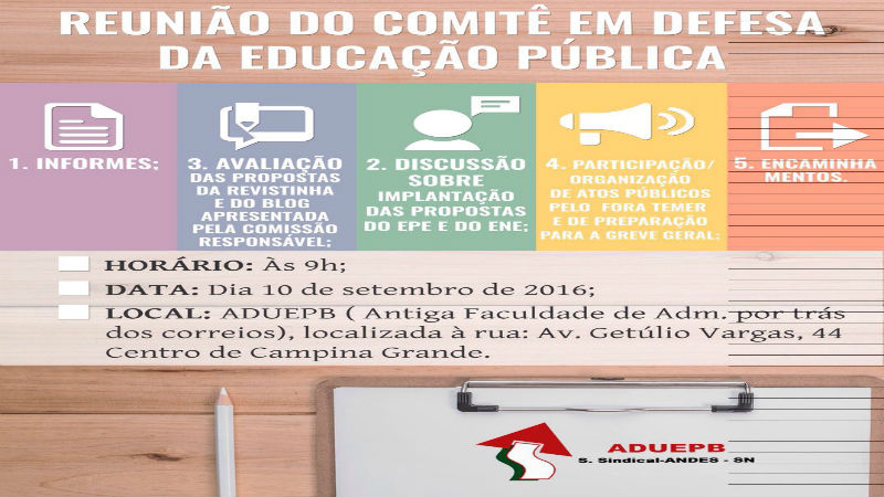 Comitê Paraibano em Defesa da Educação Pública realizará reunião na ADUEPB, amanhã (10/09/16)