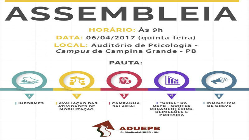 Assembleia geral da ADUEPB será dia 06/04 e sem paralisação semanal