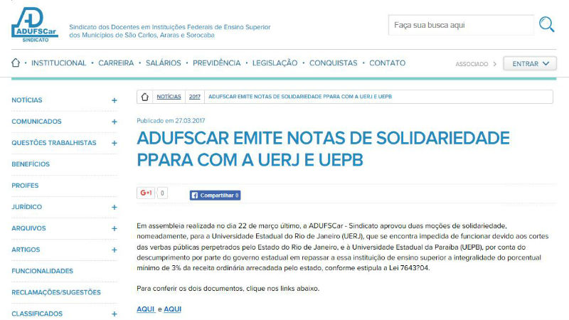 ADUFScar aprova nota de solidariedade para UEPB