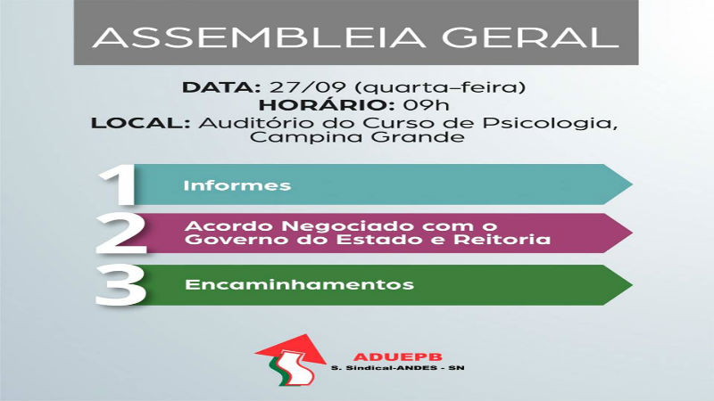Assembleia geral da ADUEPB será realizada nesta quarta-feira (27/09)