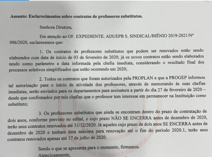 Em resposta à ADUEPB, Reitoria informa que contratos de substitutos começarão em fevereiro
