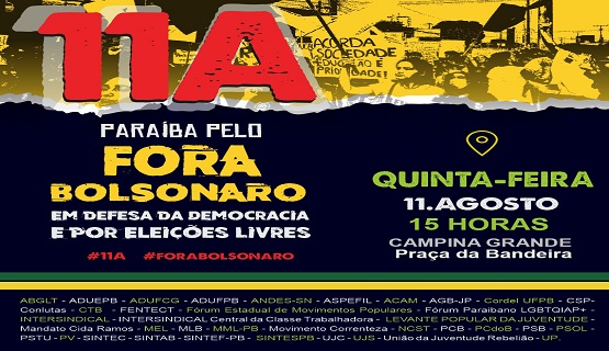 ADUEPB participará de ato público em Campina Grande pelo Fora Bolsonaro, em defesa da democracia e eleições livres, nesta quinta-feira, 11 de agosto.